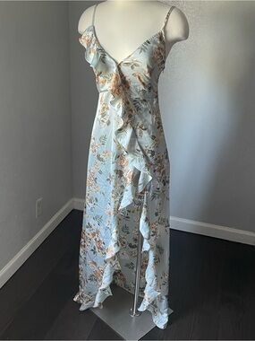 Dress Forum Pale Blue Floral Ruffle Slip Maxi Dress